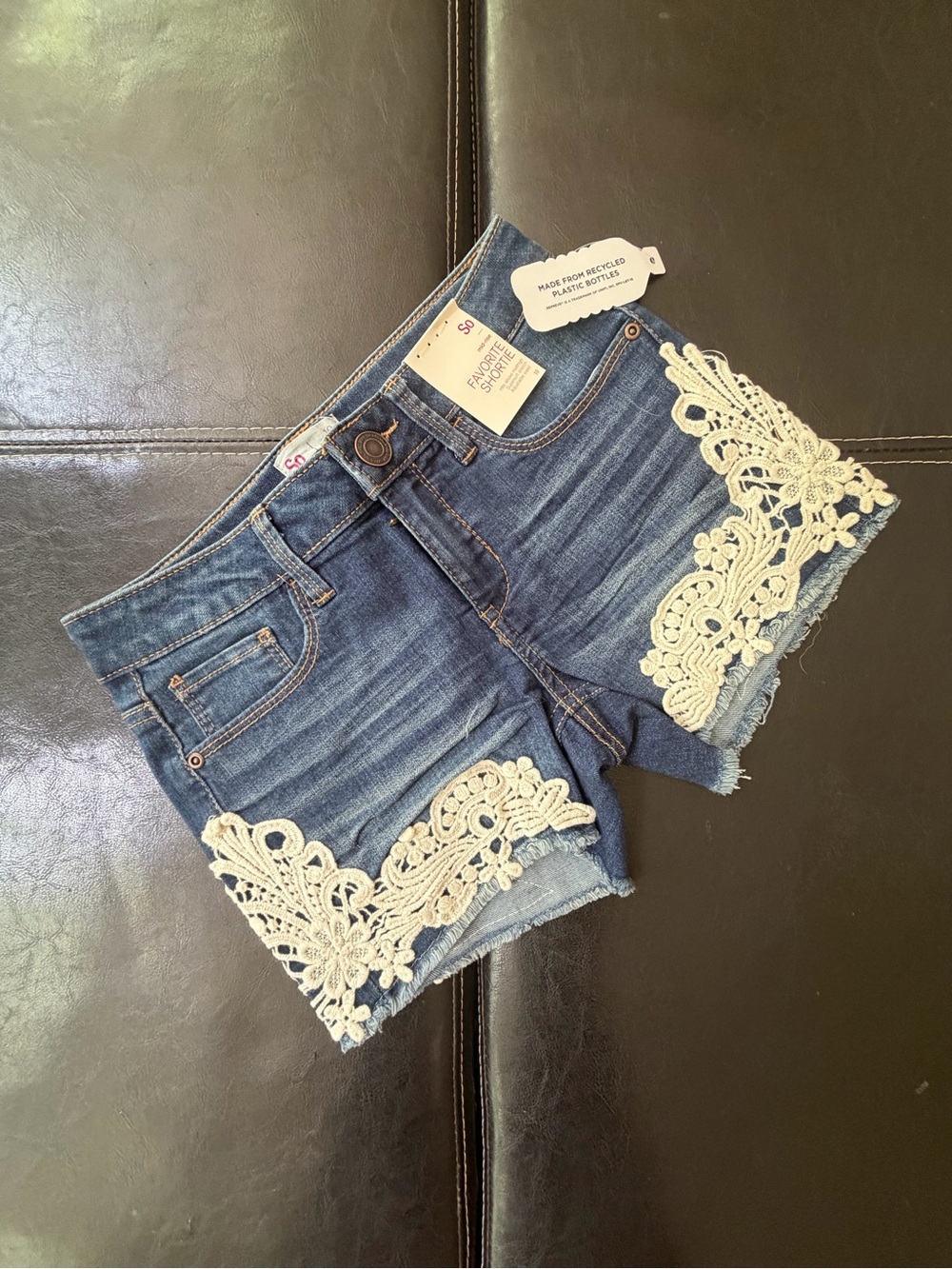 SO - Dark Wash Jean Shorts with White Lace Trim